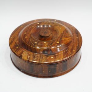 Elegant Round Wooden Box with Intricate Inlay Design
