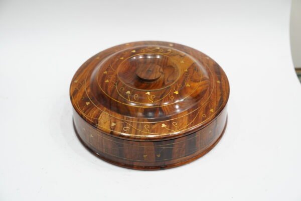 Elegant Round Wooden Box with Intricate Inlay Design