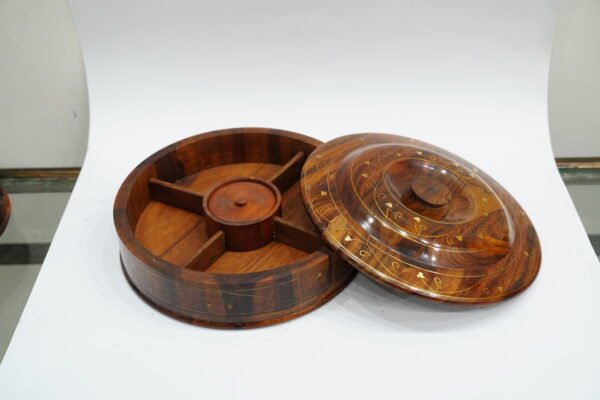 Elegant Round Wooden Box with Intricate Inlay Design