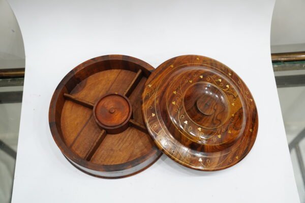 Elegant Round Wooden Box with Intricate Inlay Design